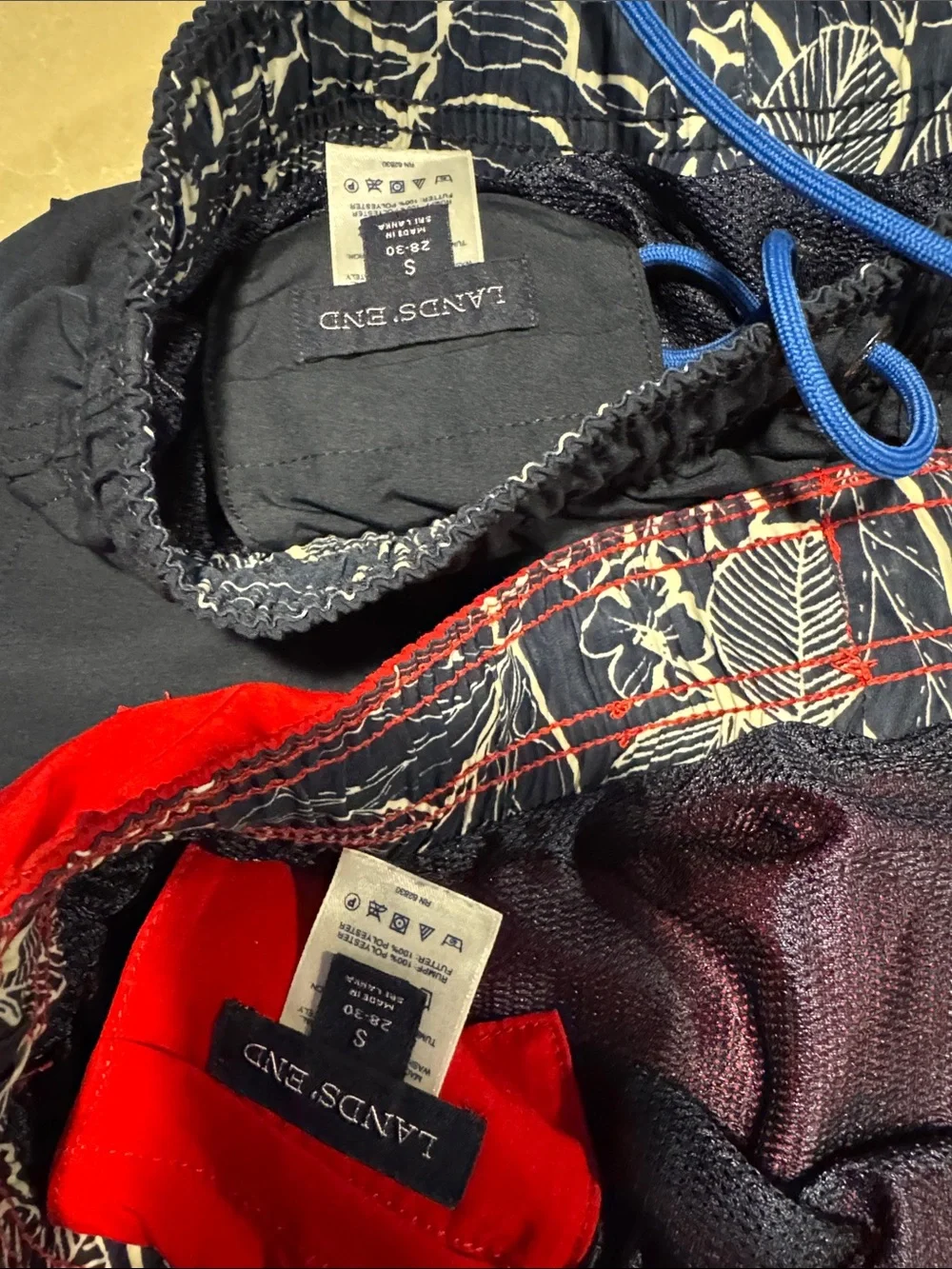 Set of Lands' End Red and Navy Swim Trunks with Blue Drawcord